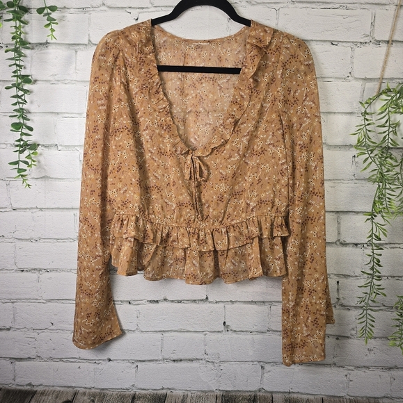 Tan Ruffled Peplum Blouse with Tie Front - Picture 1 of 6